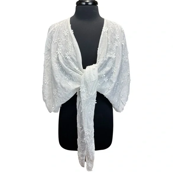 House of Harlow 1960 White Daisy Cotton Tie-Front Shrug Cover-Up One Size - Picture 1 of 8